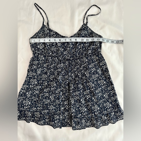 Express Womens Spaghetti Strap Ruffled Navy Blue White Floral Tank Top Size XS - Picture 10 of 10